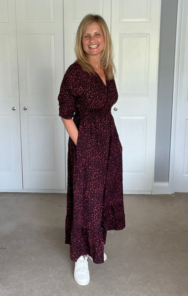 Burgundy Abstract Print Shirred Waist V Neck Midi Dress - with pockets worn by Cathy Padian