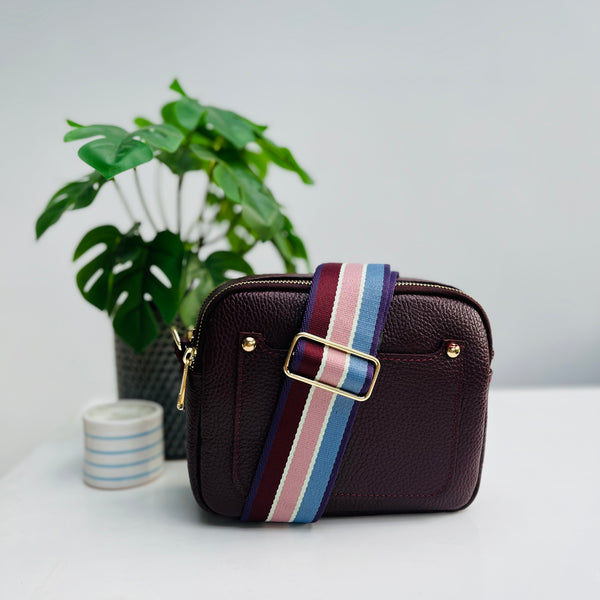 Burgundy and Pink Stripe Bag Strap with burgundy double zip leather bag