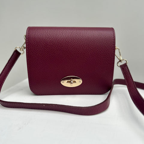 burgundy handbag with gold clasp on a white background
