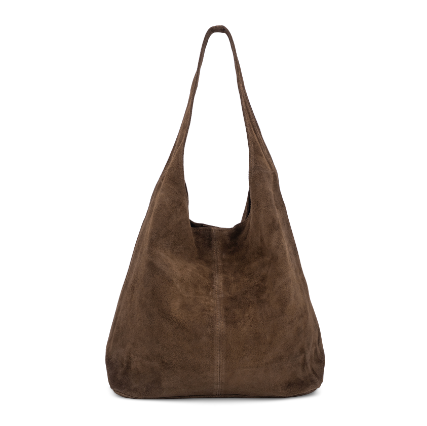 brown slouchy suede bag on a white background