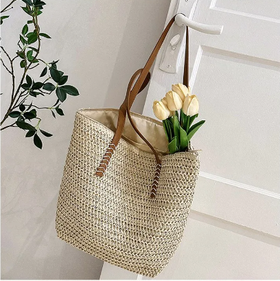 Cream Straw Shoulder Tote Bag