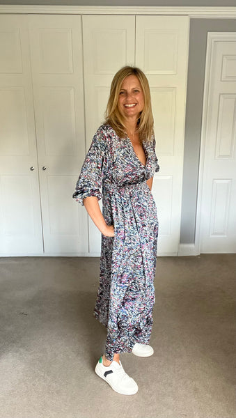 Denim Blue Abstract Print Shirred Waist V Neck Midi Dress - with pockets