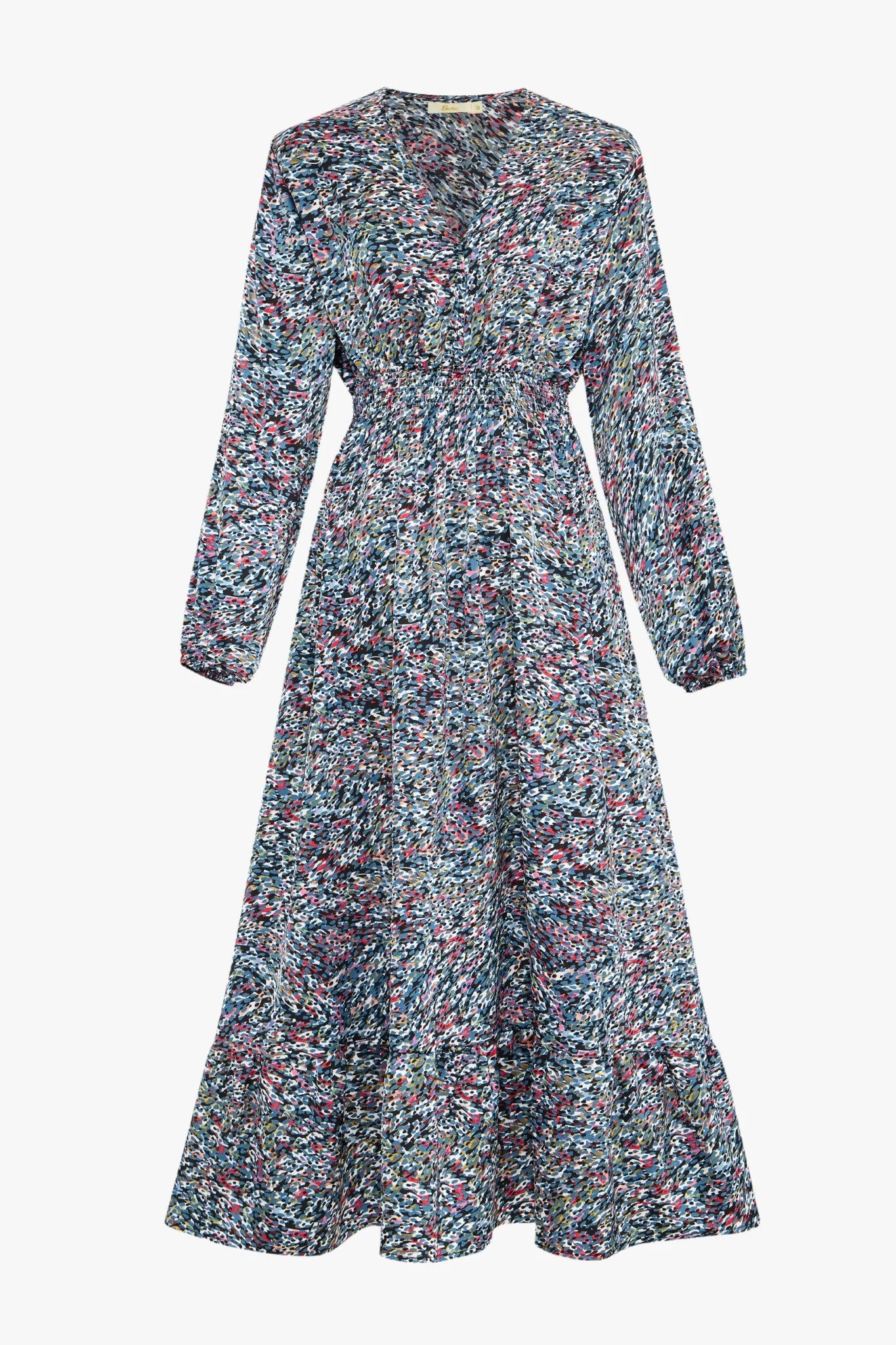 Denim Blue Abstract Print Shirred Waist V Neck Midi Dress - with pockets