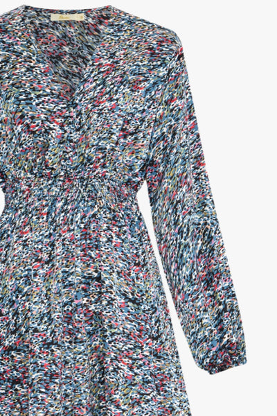 Denim Blue Abstract Print Shirred Waist V Neck Midi Dress - with pockets