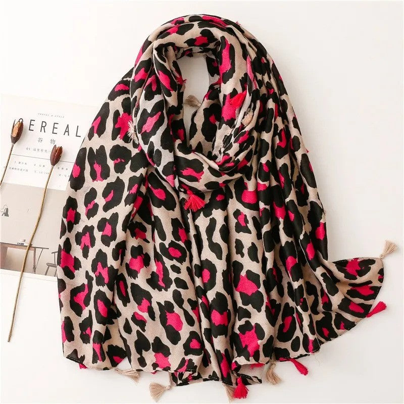 Fuchsia Pink and Black Leopard Print Scarf