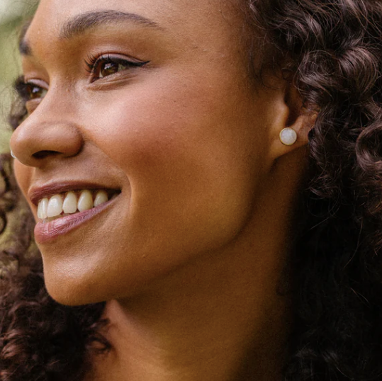 Gold Vermeil Stud Earrings with Rainbow Moonstone from Pink Lemons on model