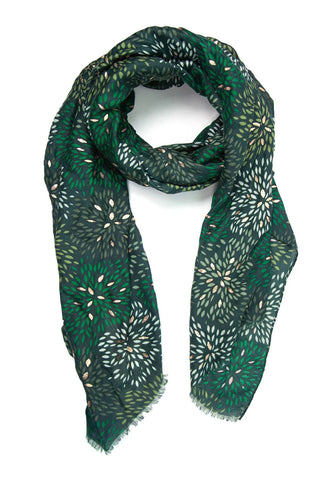 Green Petal Print Scarf with Gold Detail