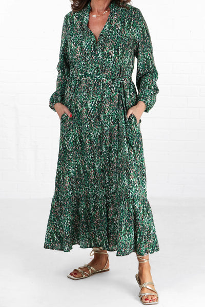 Green Abstract Print Tiered Shirt Dress - with pockets