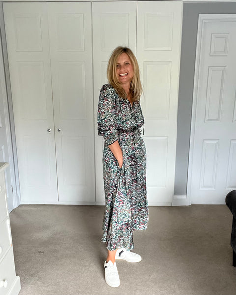 Green Abstract Spot Shirred Shoulder Midi Dress - with pockets worn by Cathy Padian