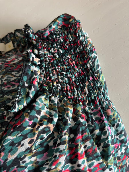 Green Abstract Spot Shirred Shoulder Midi Dress - with pockets
