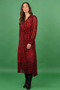 Red Abstract Spot Shirred Shoulder Midi Dress - with pockets