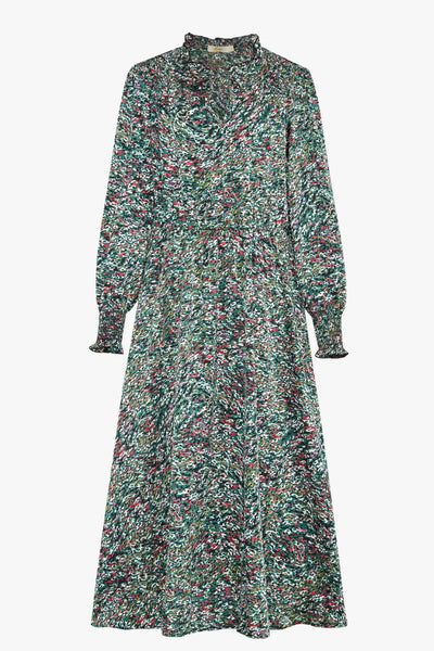 Green Abstract Spot Shirred Shoulder Midi Dress - with pockets