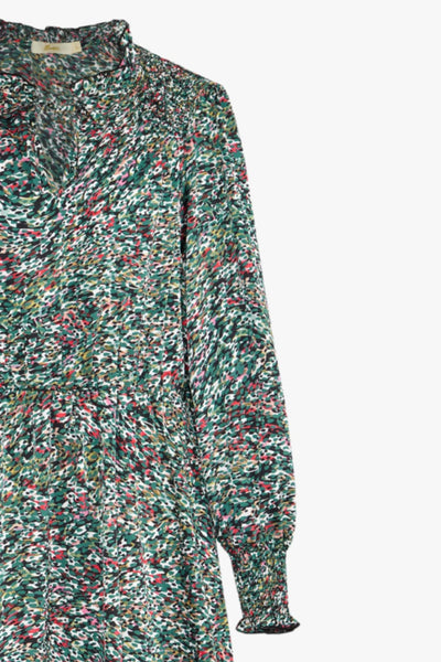 Green Abstract Spot Shirred Shoulder Midi Dress - with pockets