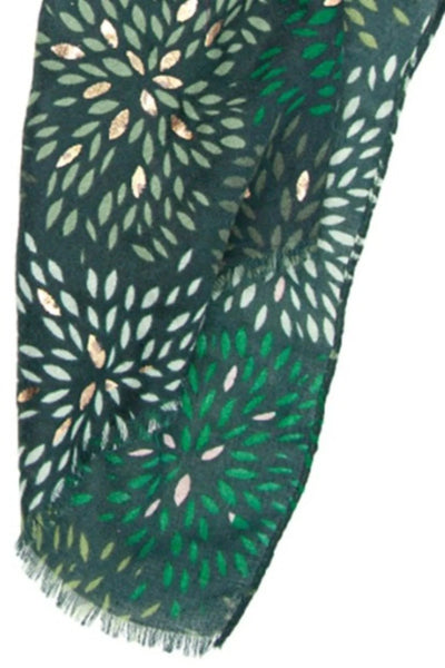 Green Petal Print Scarf with Gold Detail