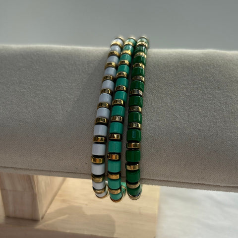 Enamel and Gold beaded stretch bracelets in green, turquoise and white. From Misgraceful