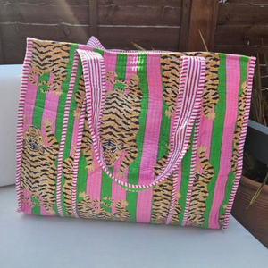Pink and Green Tiger Print Large Cotton Tote Bag