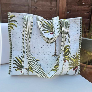 White and Green Palm Print Large Cotton Tote Bag