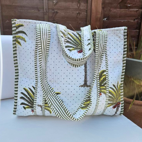 White and Green Palm Print Large Cotton Tote Bag
