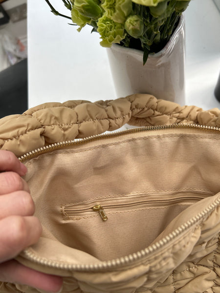 SAMPLE - Latte Fabric Puffa Shoulder Bag (Medium)