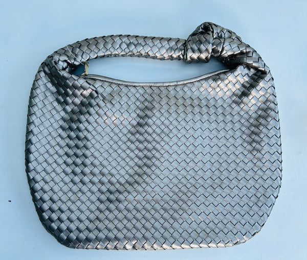SAMPLE - Faux Leather Pewter Woven Shoulder Bag