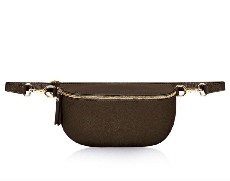 Chocolate brown leather belt bag with gold accents on a white background