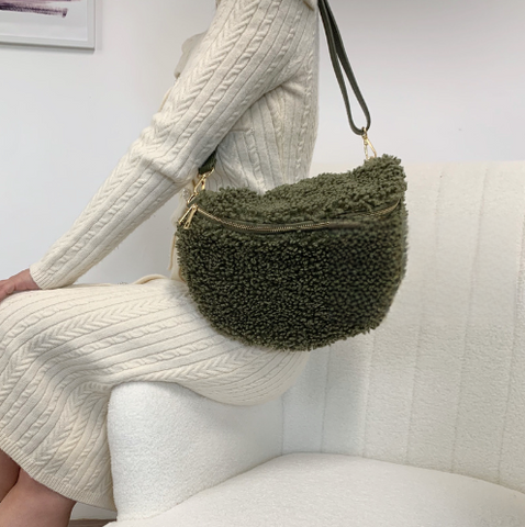Olive Green Large Shearling Waist Bag