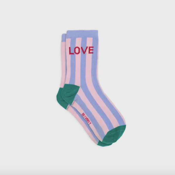 Striped socks with 'LOVE' text on a light gray background