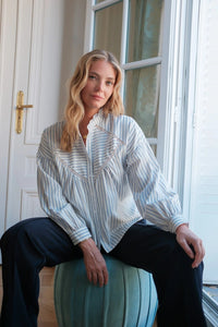 Beautiful pale blue striped blouse from Lovie et Co.  The perfect women's spring summer china blue shirt in cotton mix.