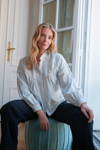 Beautiful pale blue striped blouse from Lovie et Co.  The perfect women's spring summer china blue shirt in cotton mix.