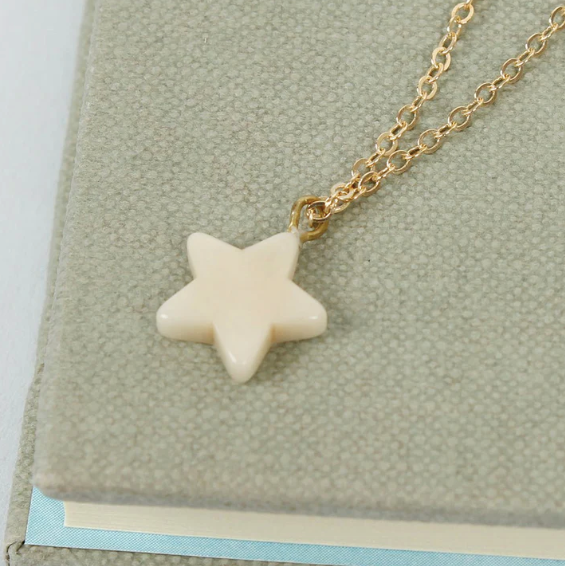Star-shaped pendant on a gold chain against a light green background