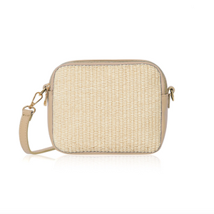 Pale Taupe Leather and Straw Cross Body Bag
