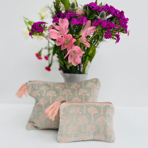 Pale Blue and Pink Thistle Velvet Pouch Large and Small (two sizes) with flowers from Bloom and Wild