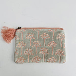 Pale Blue and Pink Thistle Velvet Pouch (two sizes)