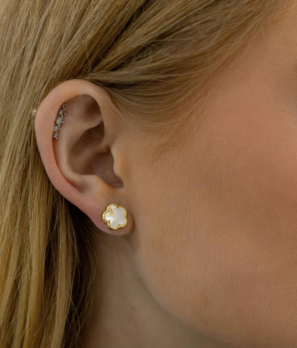 Pearl White Flower Stud Earring (18ct gold plate) on model 