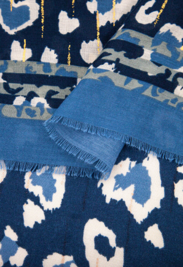 Percy Lightweight Scarf - Blue, Leopard Border