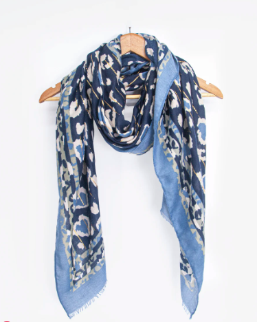 Percy Lightweight Scarf - Blue, Leopard Border