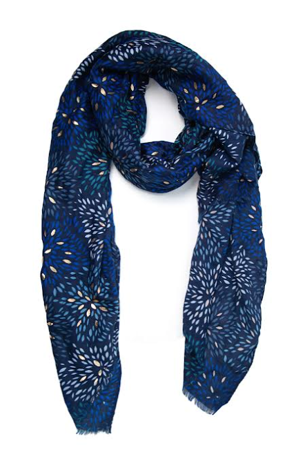 Navy Blue Petal Print Scarf with Gold Detail