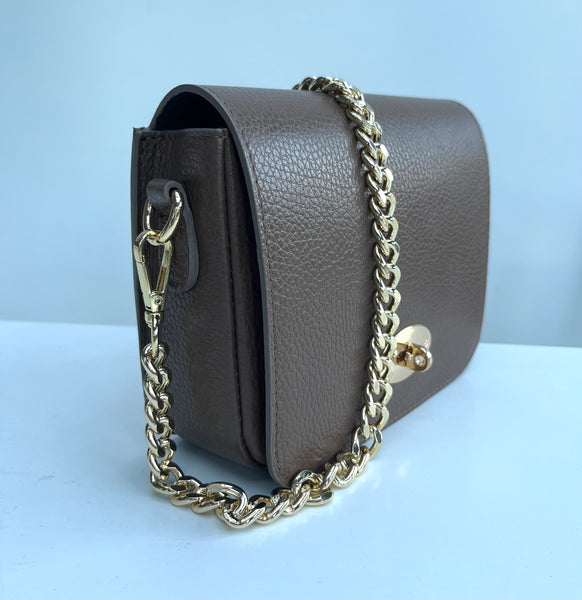 Gold Chain Bag Strap 59cm long. 11mm thickness with taupe lock leather bag