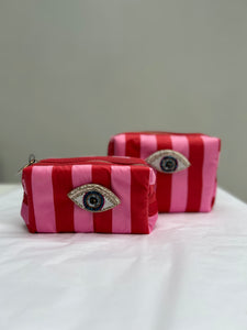 Red and Pink Stripe Velvet Make Up Bag with Eye Pin (two sizes) from Sixton London