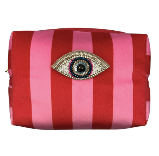 Red and Pink Stripe Velvet Make Up Bag with Eye Pin (two sizes) from Sixton London