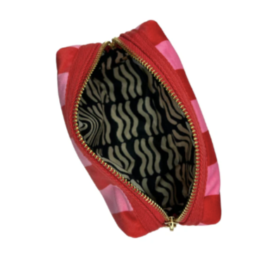 Red and Pink Stripe Velvet Make Up Bag with Eye Pin (two sizes) from Sixton London interior view