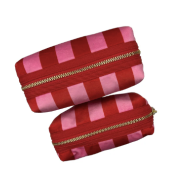 Red and Pink Stripe Velvet Make Up Bag with Eye Pin (two sizes) from Sixton London