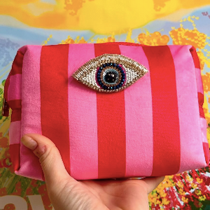Red and Pink Stripe Velvet Make Up Bag with Eye Pin (two sizes) from Sixton London