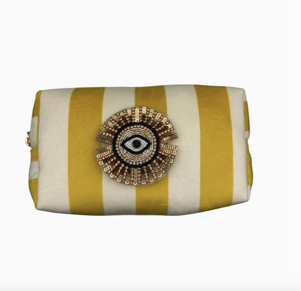 Yellow Stripe Velvet Make Up Bag with Eye Pin (two sizes)