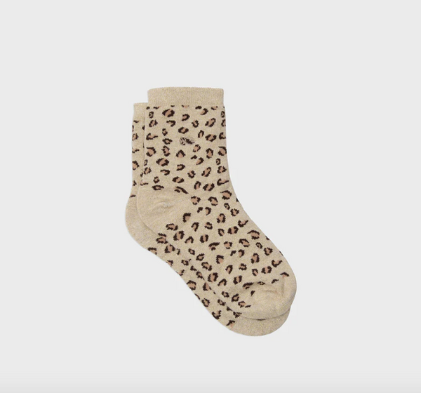 cream and brown glitter leopard print socks on a white background
