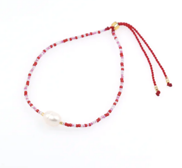 Surya Bead and Pearl Bracelet in Red and Pink from Pink Lemons