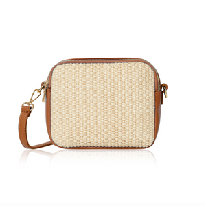 Tan Leather and Straw Cross Body Bag