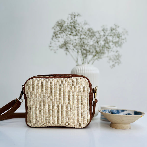 Tan Leather and Straw Cross Body Bag
