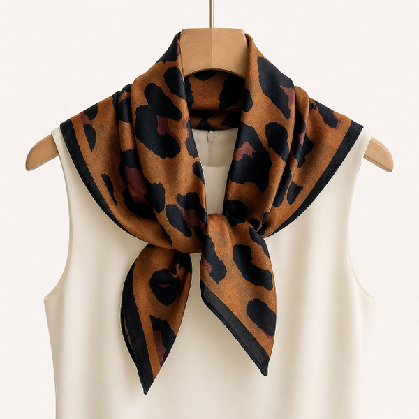 A leopard-print square scarf in brown, black, and muted burgundy, styled on a wooden hanger over a cream sleeveless top against a warm off-white background.