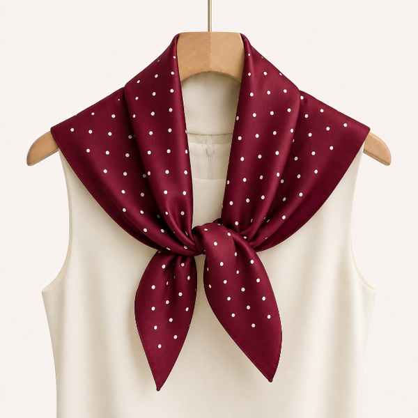 A burgundy silk scarf with white polka dots, styled on a wooden hanger around a cream-colored sleeveless top against a light beige background.